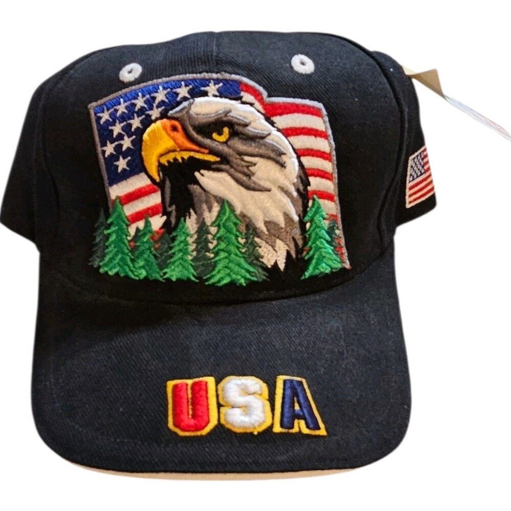 Santo Cap USA Bald Eagle Trucker Hat Black 100% Cotton Hook And Loop Closure